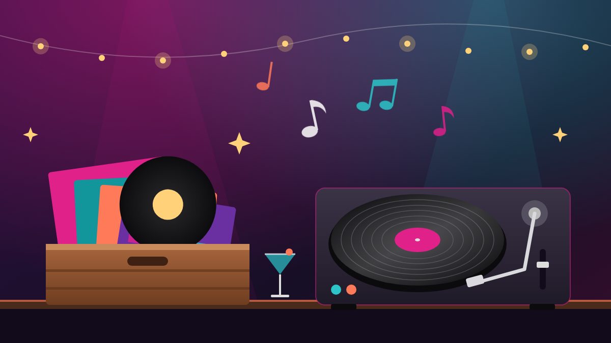 Illustration bar à vinyles : bac de disques et platine vinyle