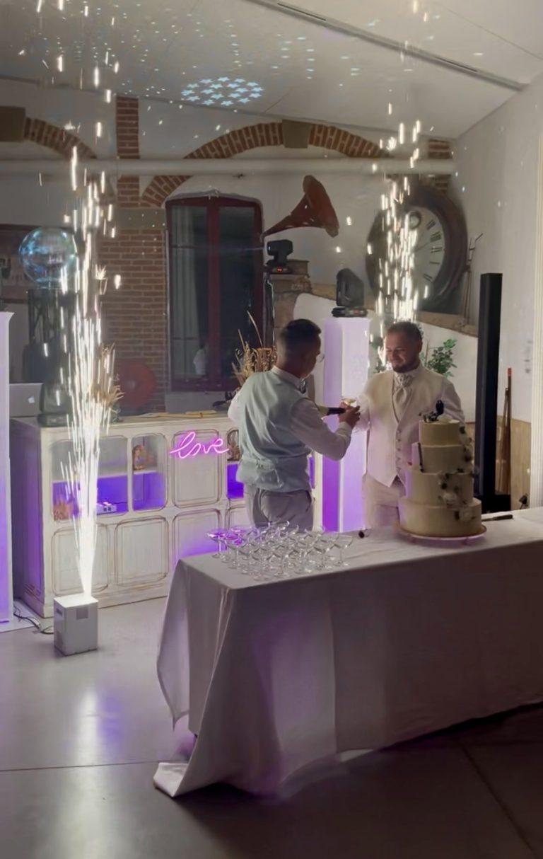 Présentation du gâteau en étincelles froides avec la boule disco en arrière-plan au Château de la Grange Fort