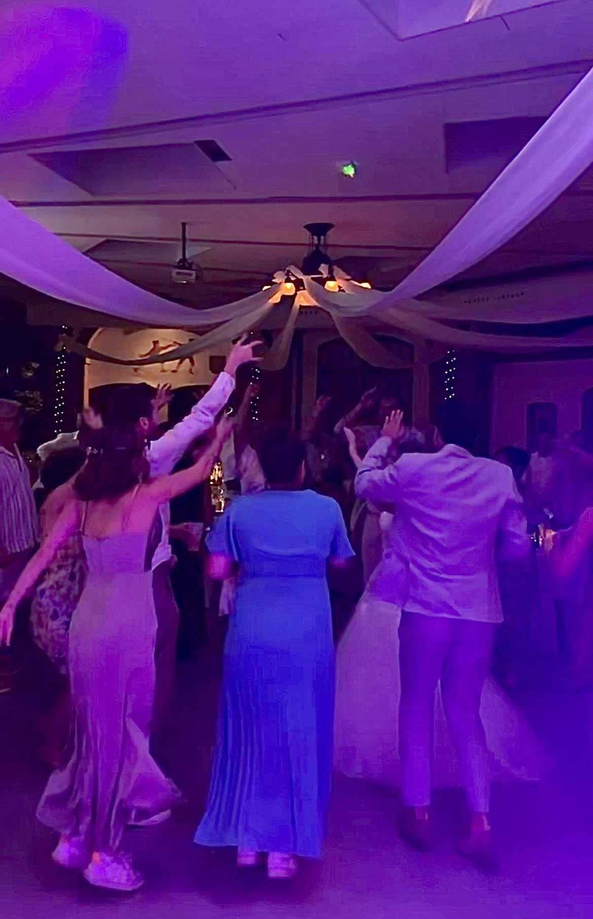 Salle de réception éclairée en violet et voilages lumineux pendant une soirée de mariage animée par Stephevent63